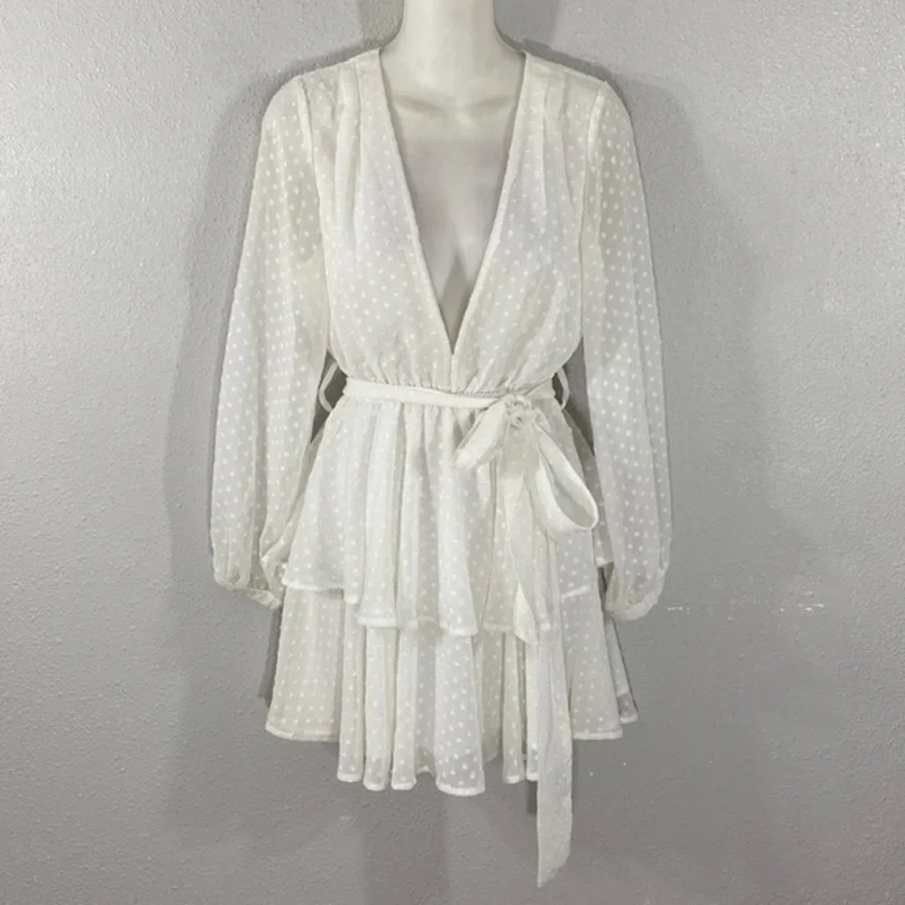 Princess Polly Lioness Legendary Lovers Belted Plunge White Tiered Dress XS RR15